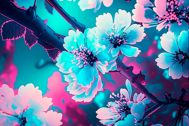 Papel pintado o fotomural ilustración flores tonos azul y rosa moderno juvenil